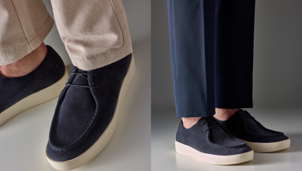 Derby Bodrum usado com calça clara casual e calça azul de alfaiataria, ambas com barra curta.