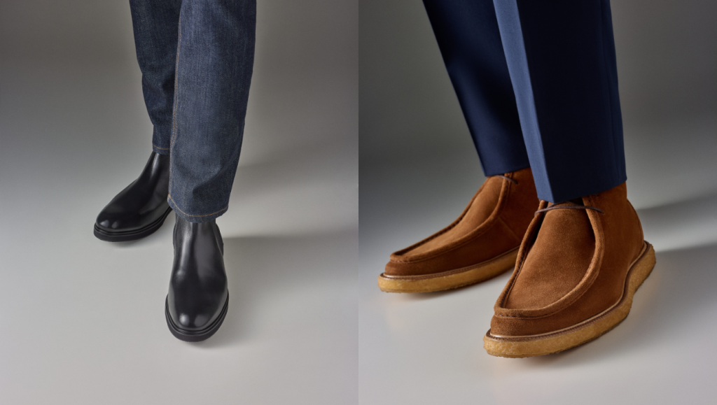 Jeans com Chelsea Aoma Preta ao lado de calça azul de alfaiataria com Bota Orsett.