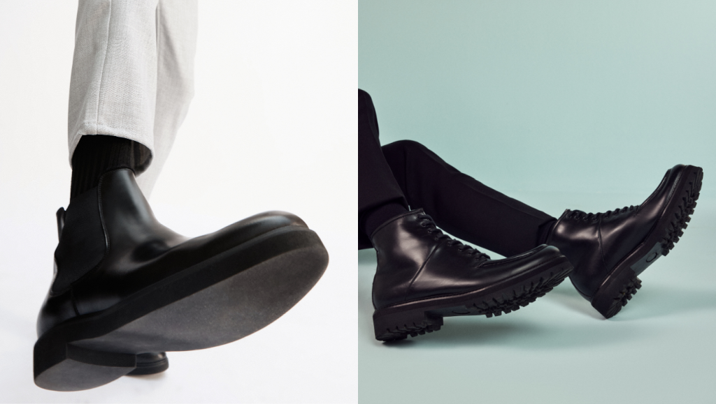 Calça clara com meia preta e Chelsea Aoma ao lado de look total black com Bota Coturno Rillo.