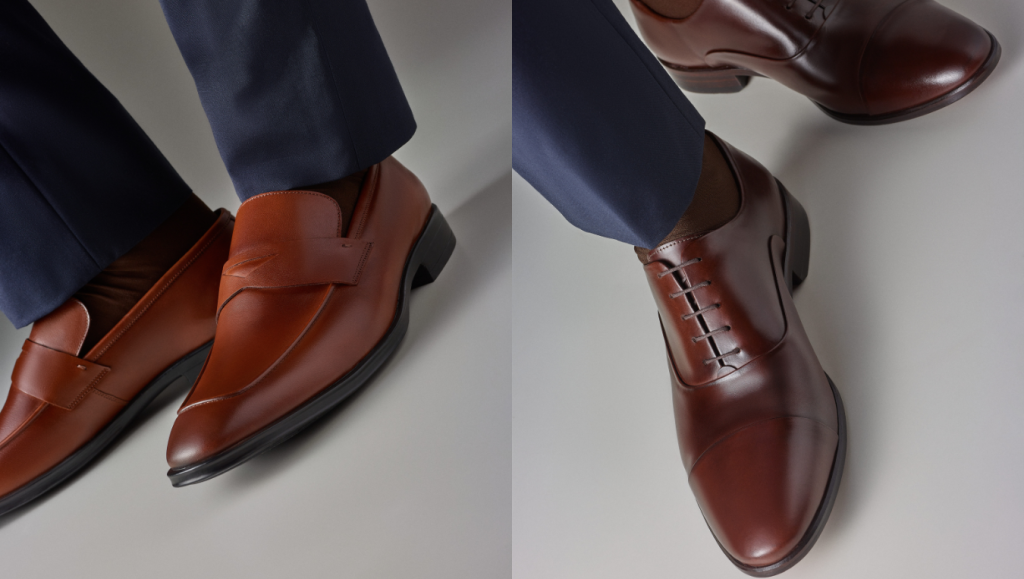 Alfaiataria azul com meias em tons terrosos, Loafer Grottie Whisky e Oxford Melrose Whisky.
